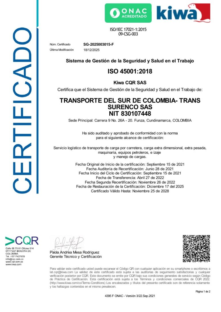 Certificado ISO 45001:2018 Trans Surenco SG-2025003015-F