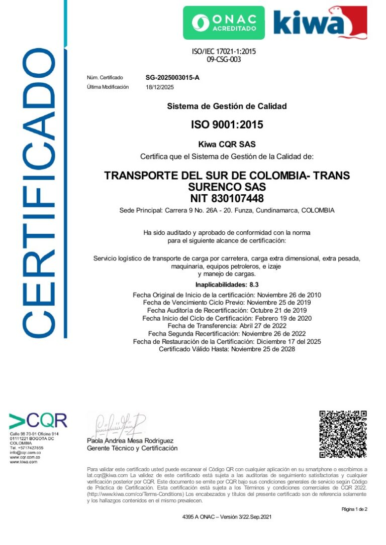 Certificado ISO 9001:2015 Trans Surenco SG-2025003015-A