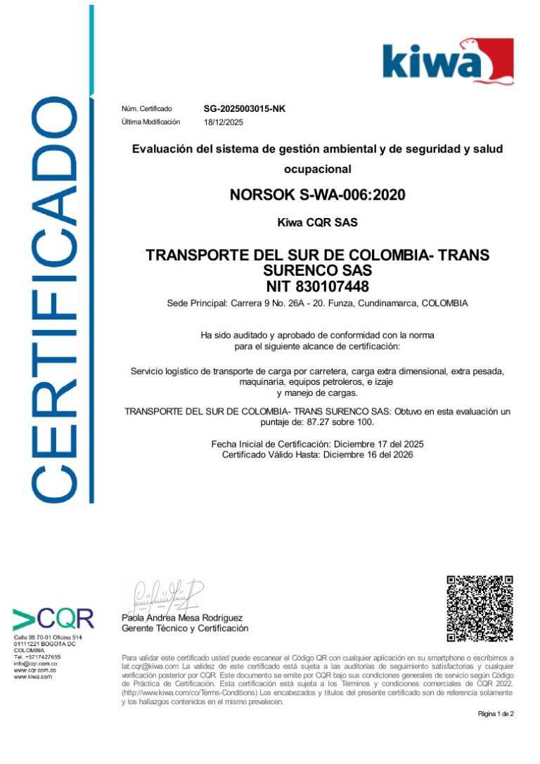 Certificado NORSOK S-WA-006:2020 Trans Surenco SG-2025003015-NK
